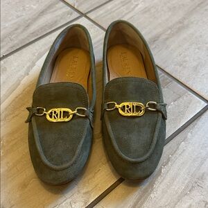 Ralph Lauren Olive Suede Loafers with Gold Accent
